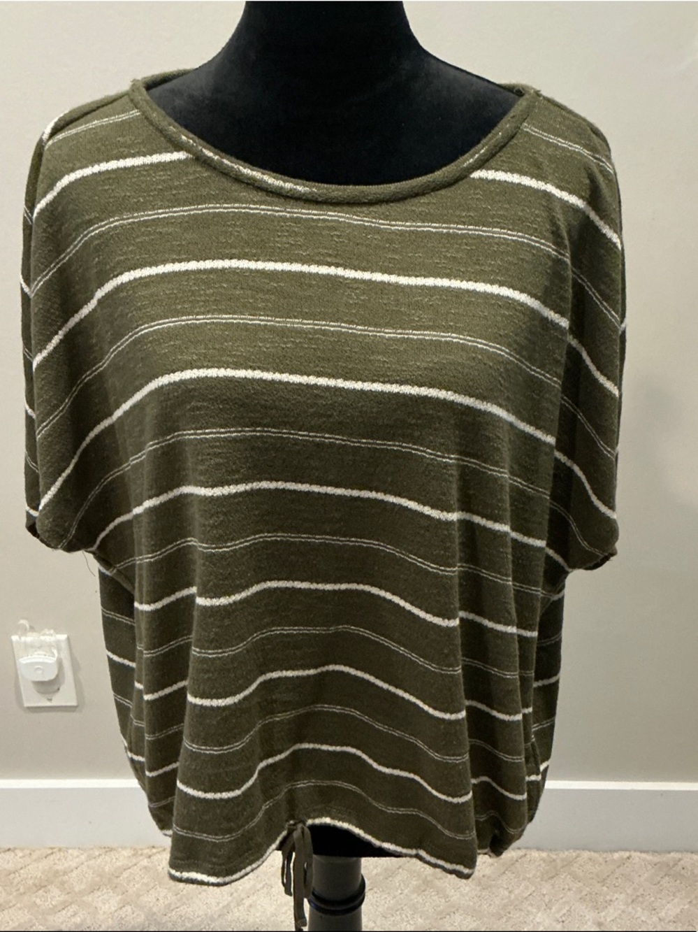 Max Studio Olive Green & White Striped Short Sleeve Top